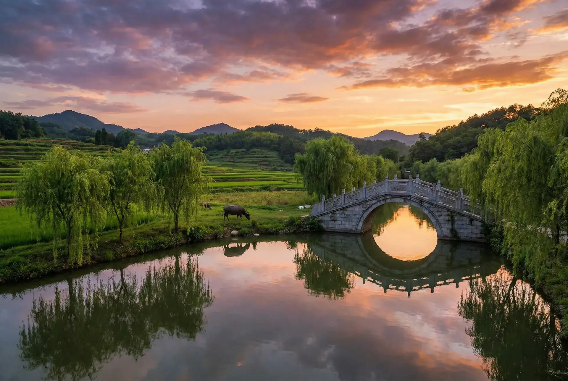 夕阳下的石拱桥与垂柳，水牛在河边吃草 - 爱情岛度假论坛 乡村美景
